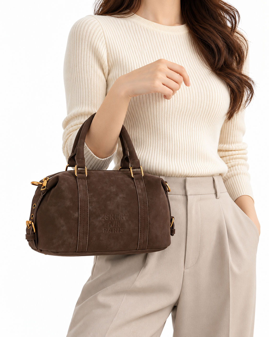 Logo-Embossed Zip-Top Boston Handbag – Brown