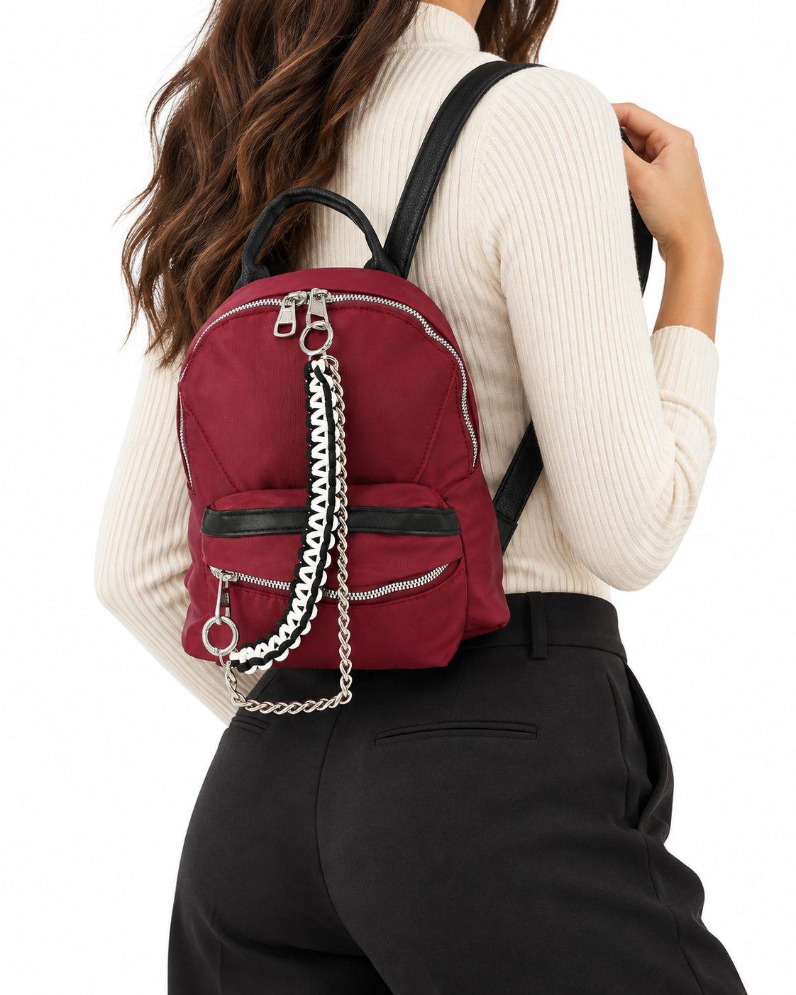 Chain-Accented Zip-Front Casual Backpack – Dark Red