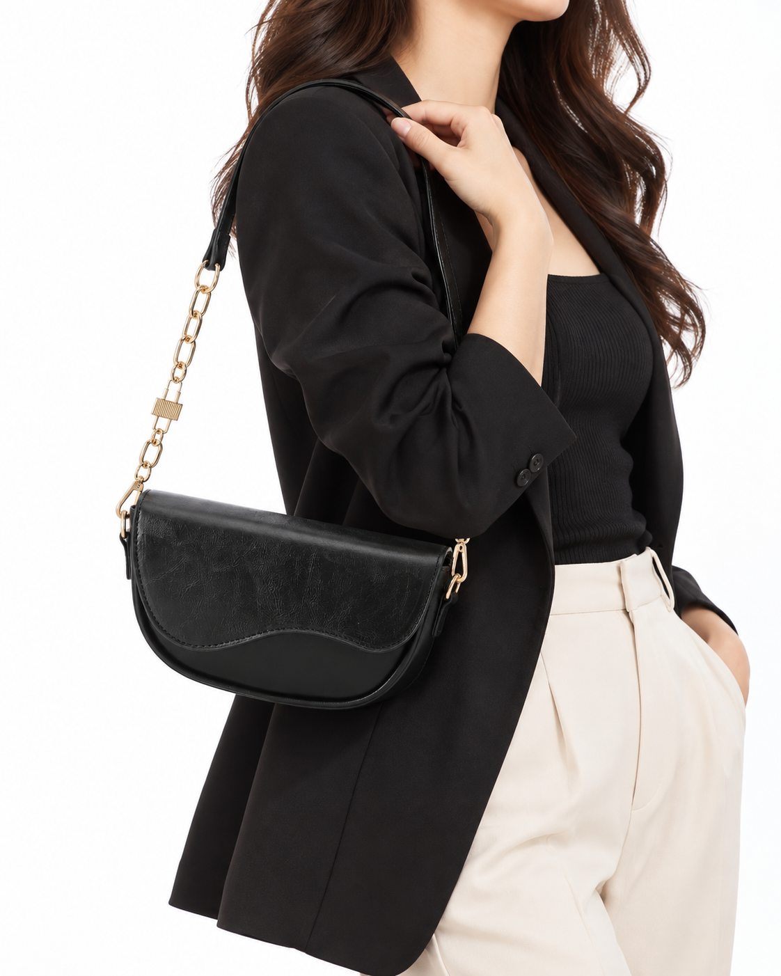 Curved Flap Chain-Accent Shoulder Bag – Black