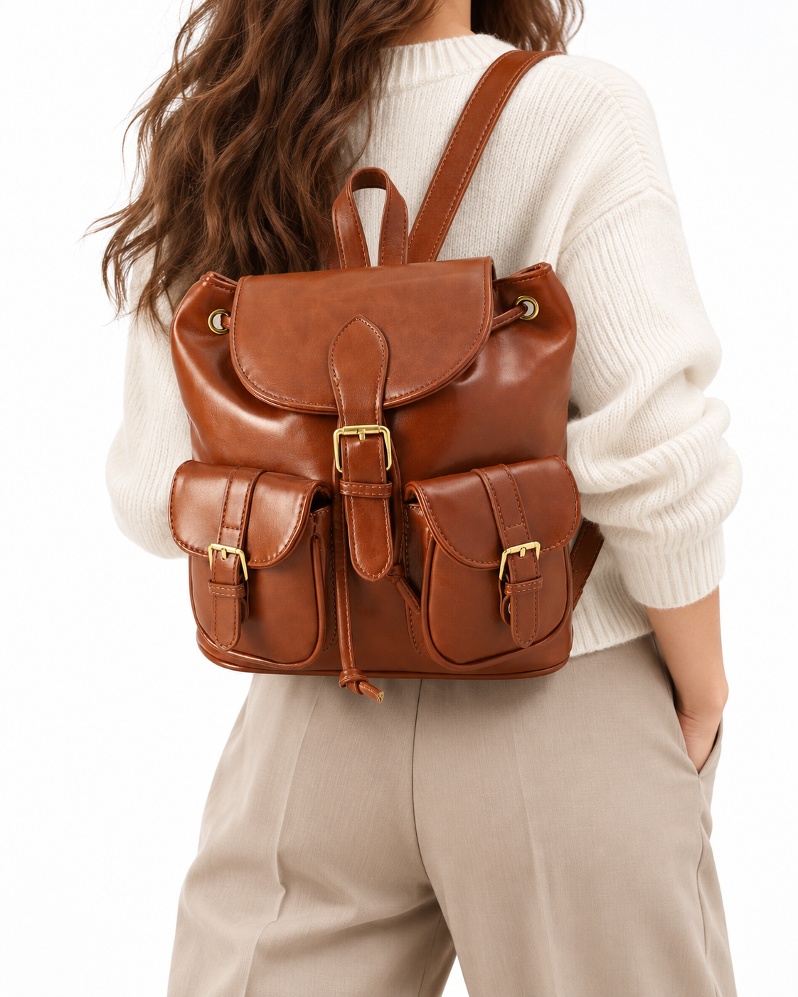 Buckled Multi-Pocket Flap Backpack – Camel