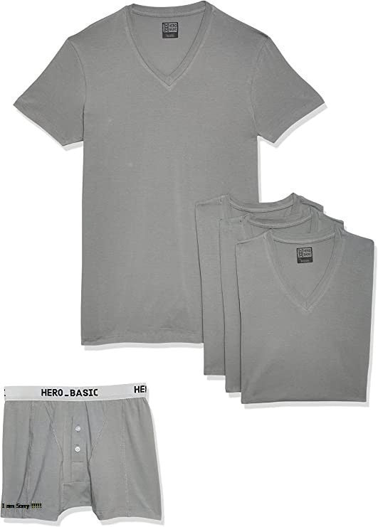 Cotton Solid V-Neck T-Shirt Set of 4 with Free Boxer – Grey