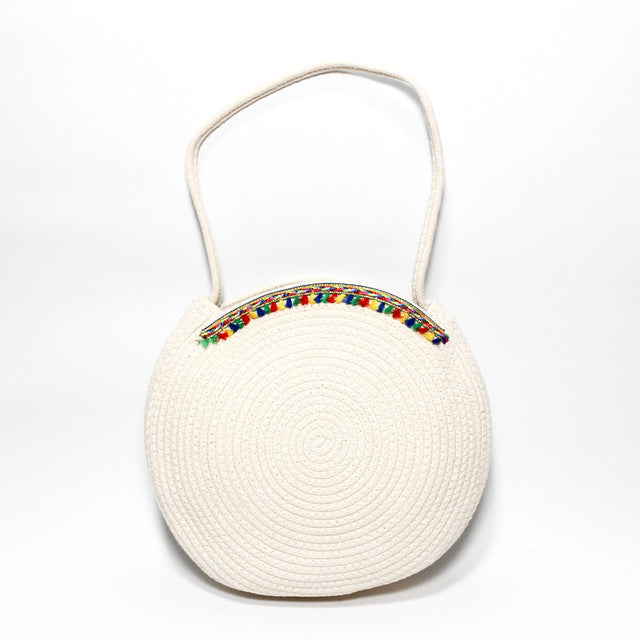 Round Woven Tassel Beach Bag - Beige