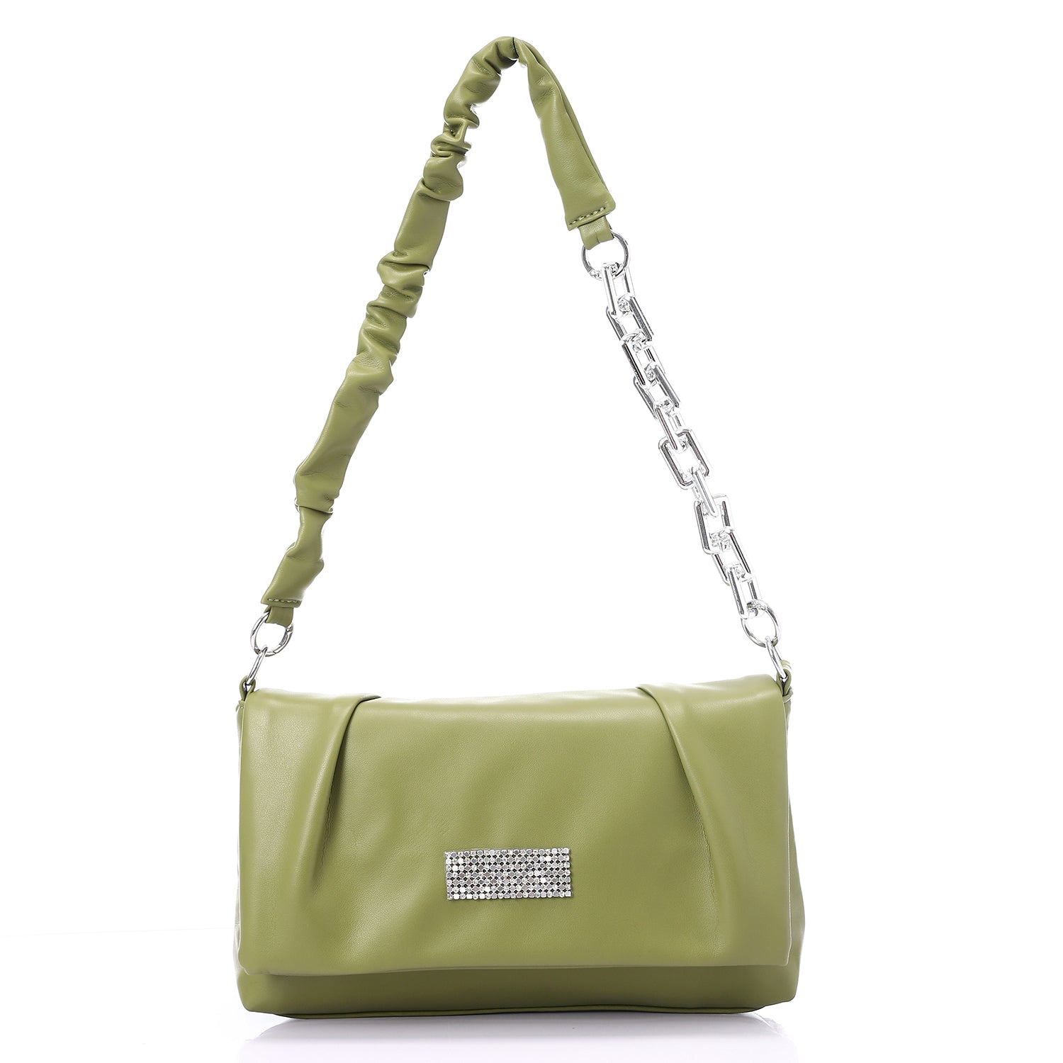 Faux Leather Solid Shoulder Bag with Chain Strap - Olive