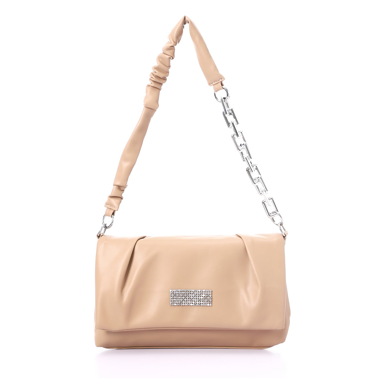 Faux Leather Solid Shoulder Bag with Chain Strap - Beige