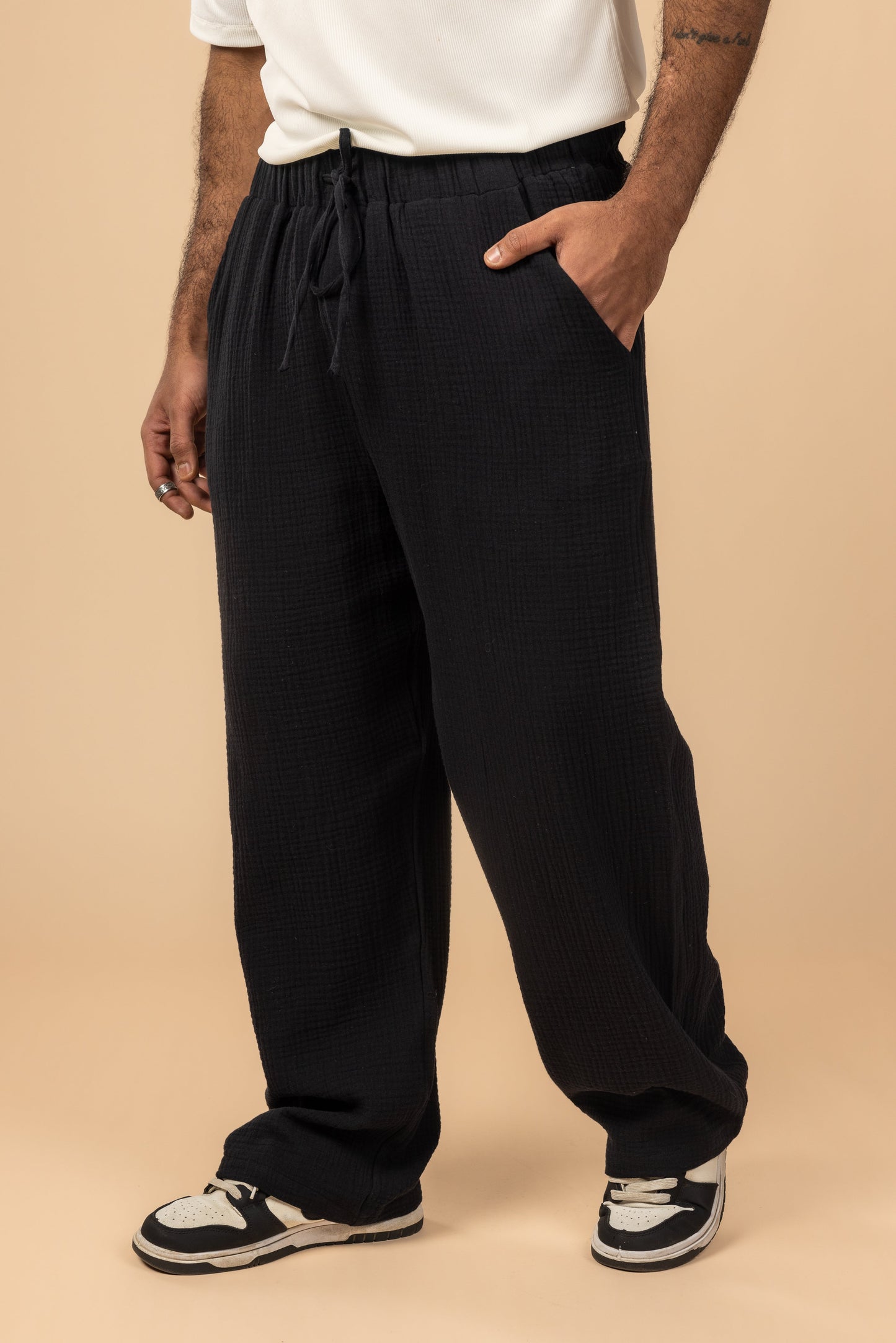 Wide Leg Cotton Pants - Black