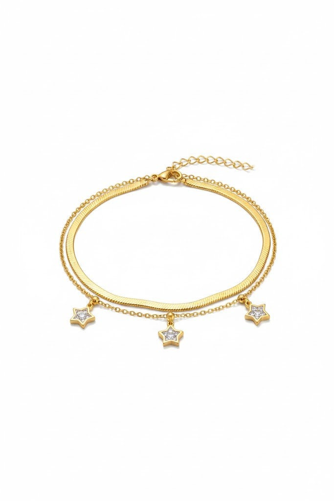 Stainless Steel Double Layer Crystal Star Charm Bracelet – Gold