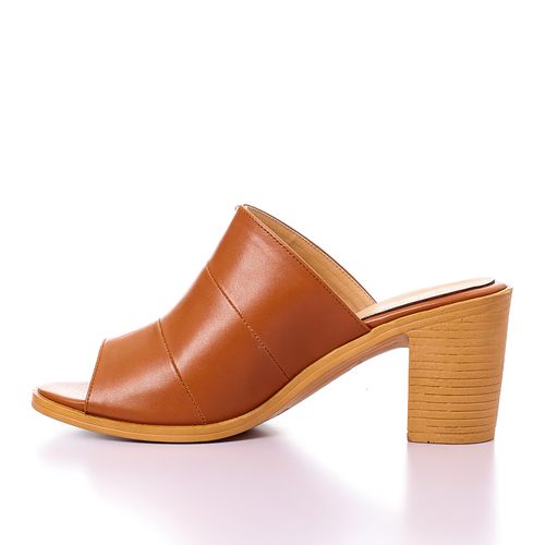 Faux Leather Block Heel Slippers – Tan