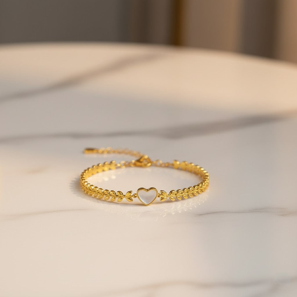 Stainless Steel Leaf Chain Bracelet with Shell Heart Charm – Gold