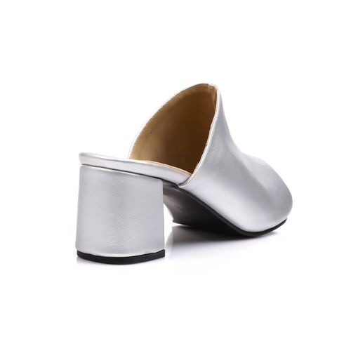 Faux Leather Peep-Toe Block Heel Mules - Silver
