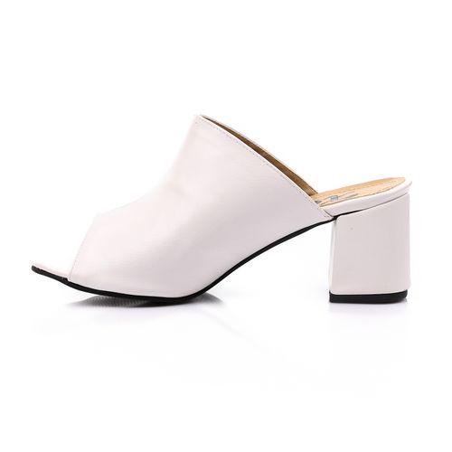 Faux Leather Peep-Toe Block Heel Mules - White