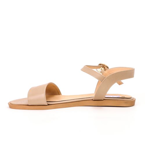 Faux Leather Ankle Strap Flat Sandals – Beige