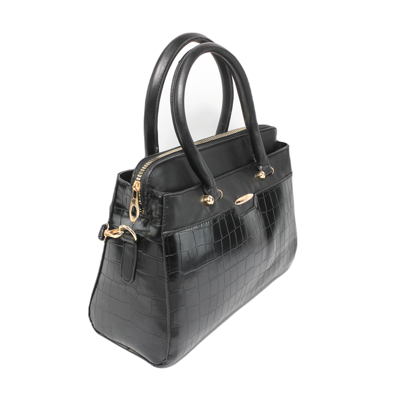 Faux Leather Croc-Embossed Tote Handbag – Black