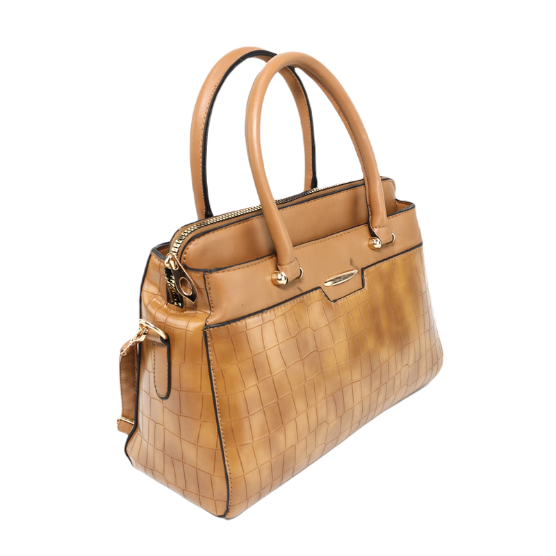 Faux Leather Croc-Embossed Tote Handbag – Light Brown