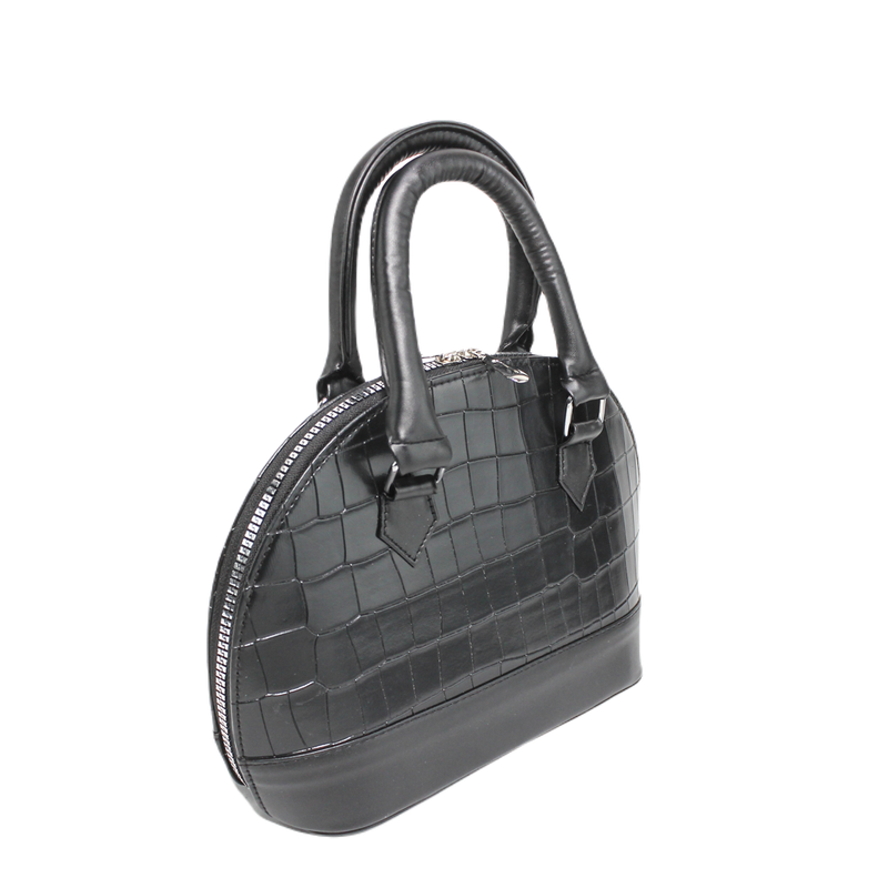 Faux Leather Croc-Embossed Handbag – Black