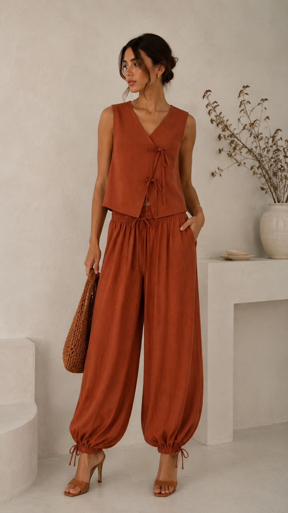 Pleated Adjustable Hem Balloon Pants – Rust