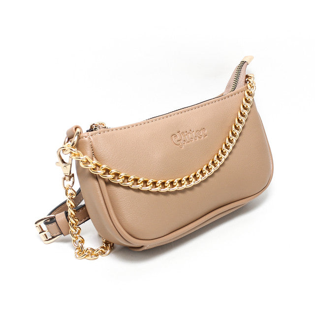 Faux Leather Chain Crossbody Handbag – Light Brown