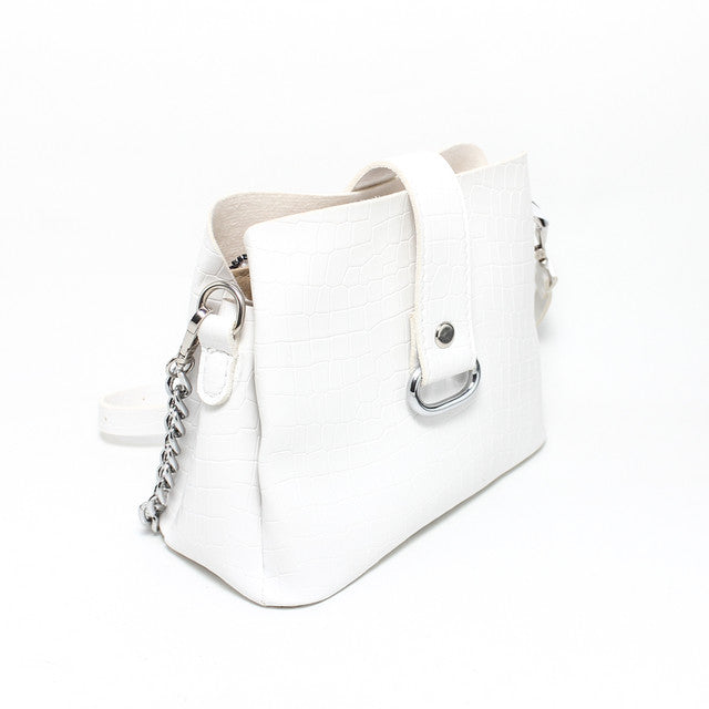 Faux Leather Croc-Embossed Chain Cross Bag – White