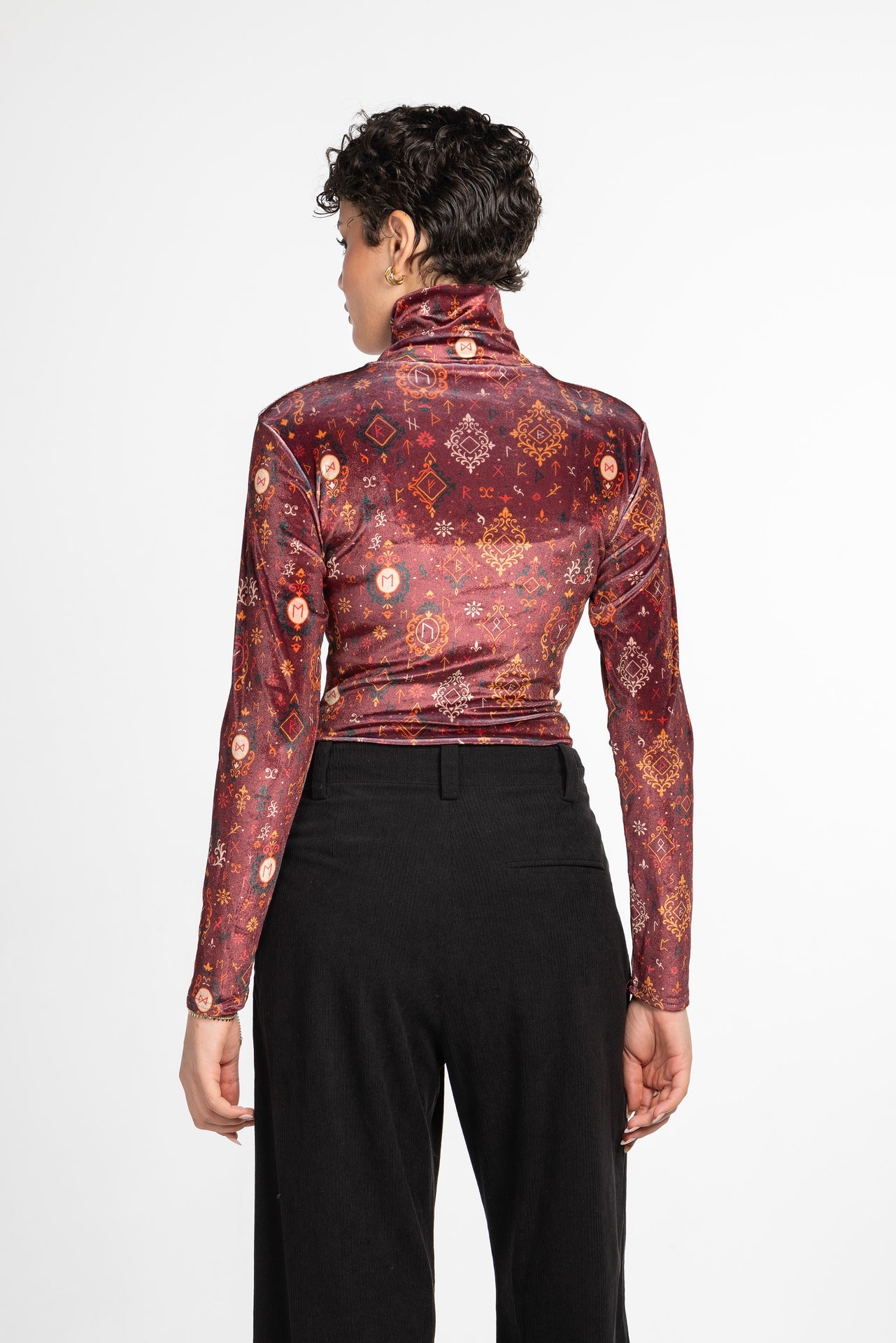 Velvet Printed Turtleneck Top – Burgundy