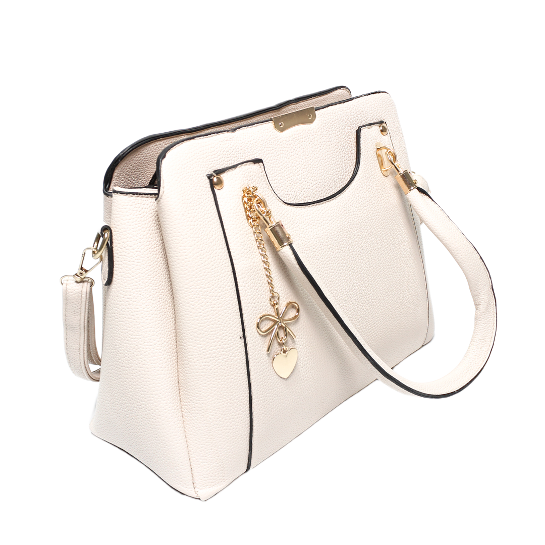 Faux Leather Textured Handbag - Beige