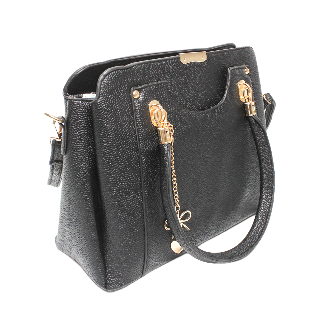 Faux Leather Textured Handbag - Black