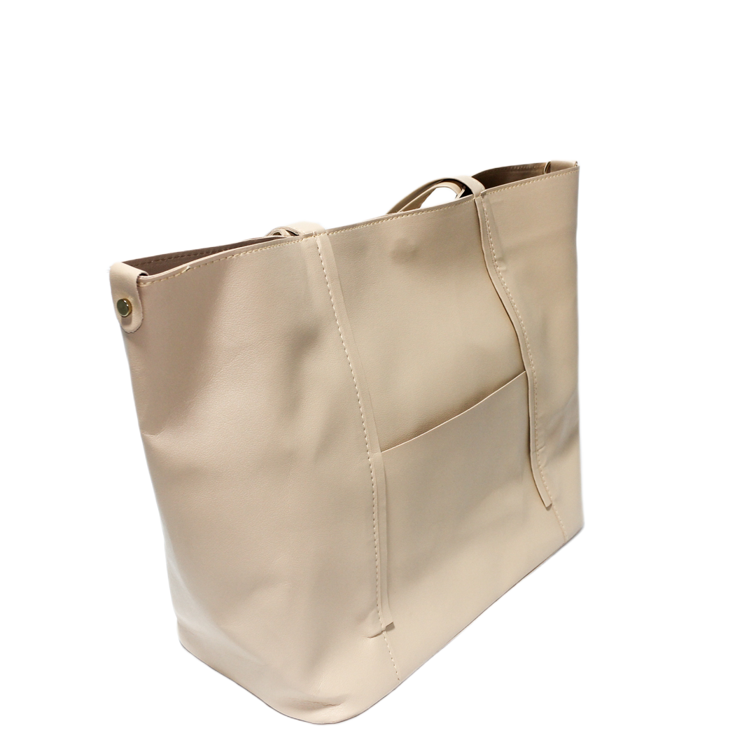 Faux Leather Plain Tote Bag - Beige