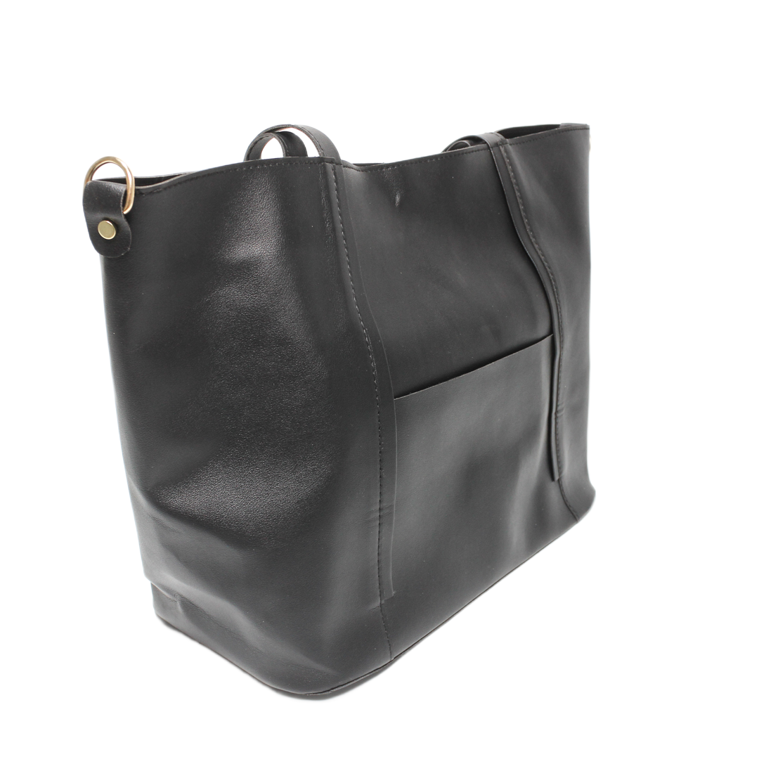 Faux Leather Plain Tote Bag - Black