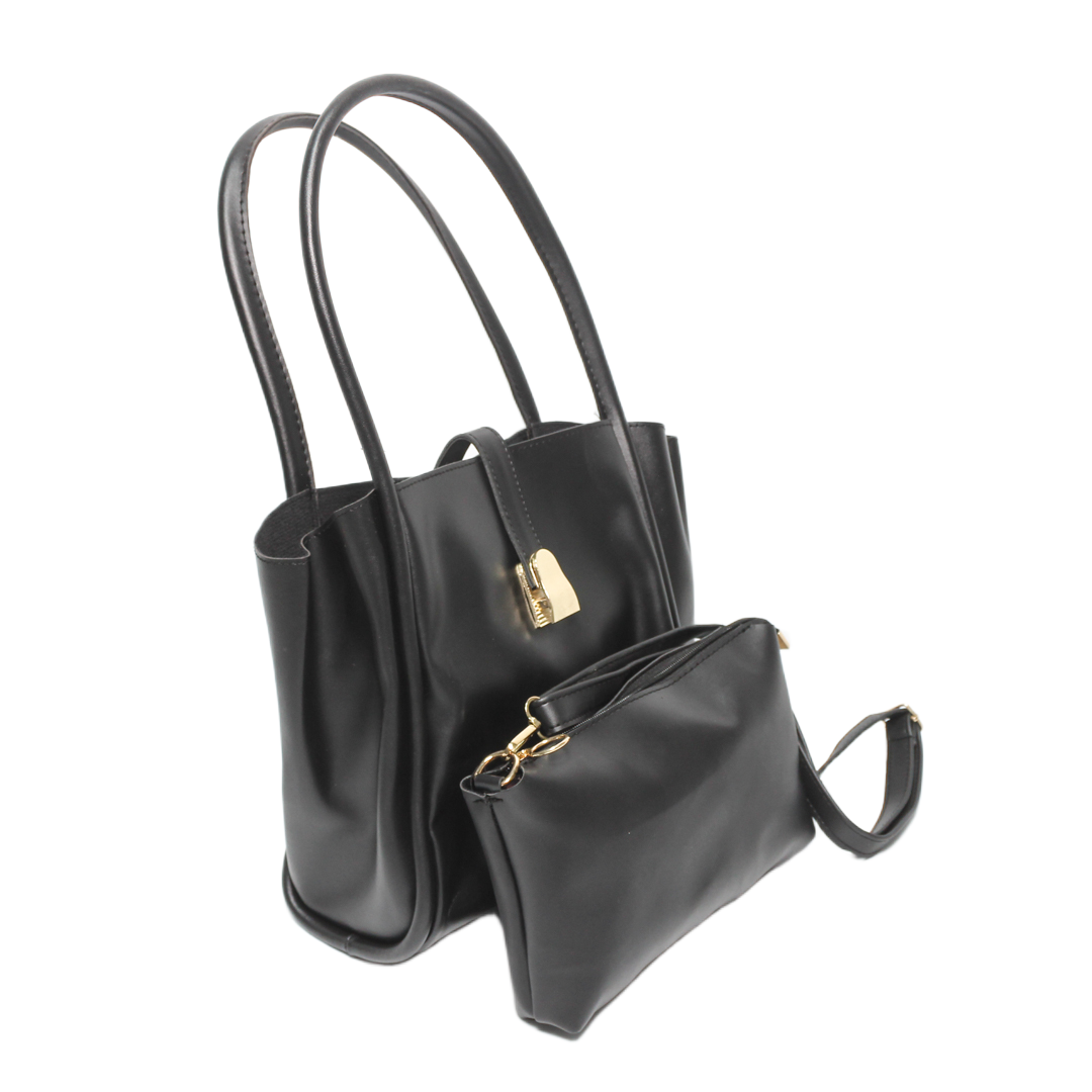 Faux Leather Solid Tote Bag Set – Black