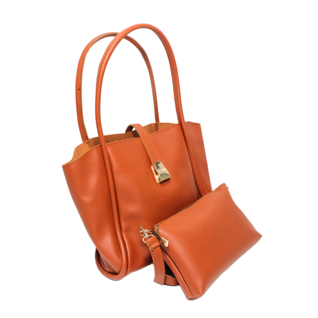 Faux Leather Solid Tote Bag Set – Camel