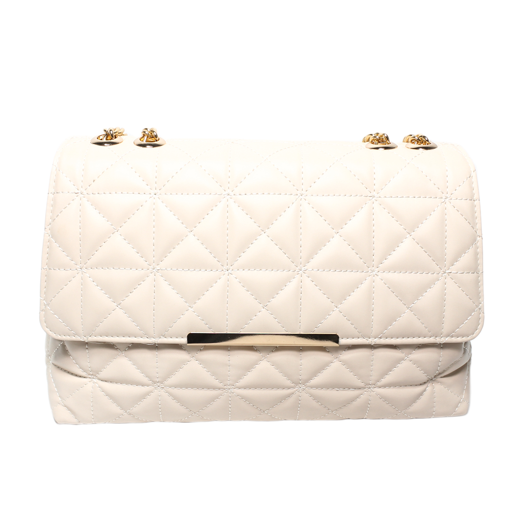 Quilted Chain Cross Bag - Beige