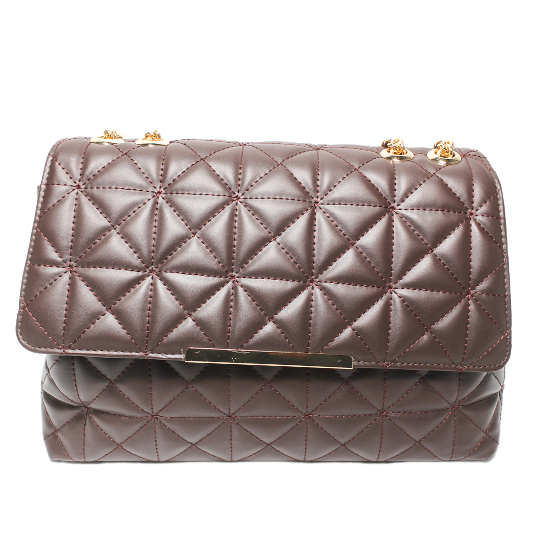 Quilted Chain Cross Bag - Brown