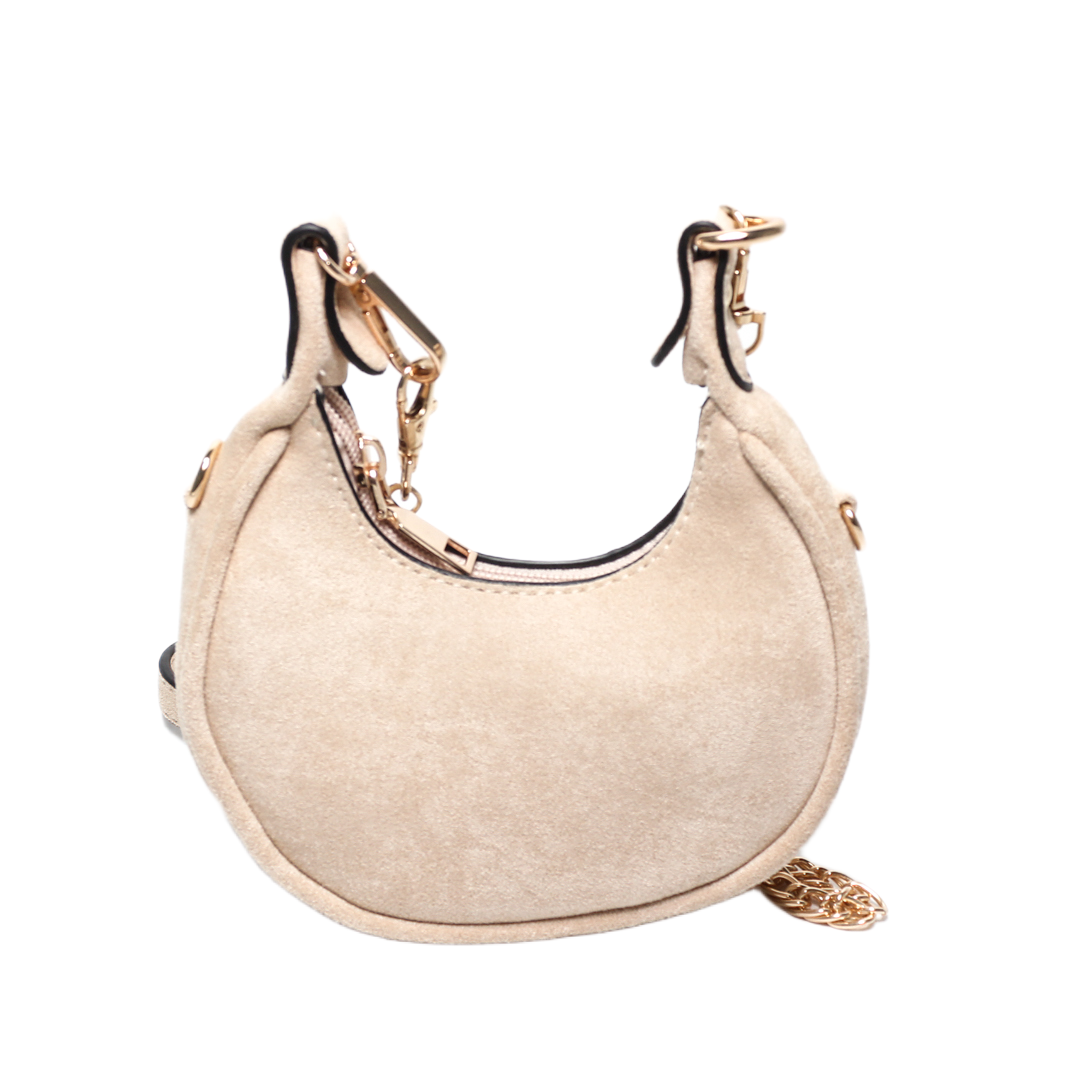 Suede Crescent Hobo Bag - Beige