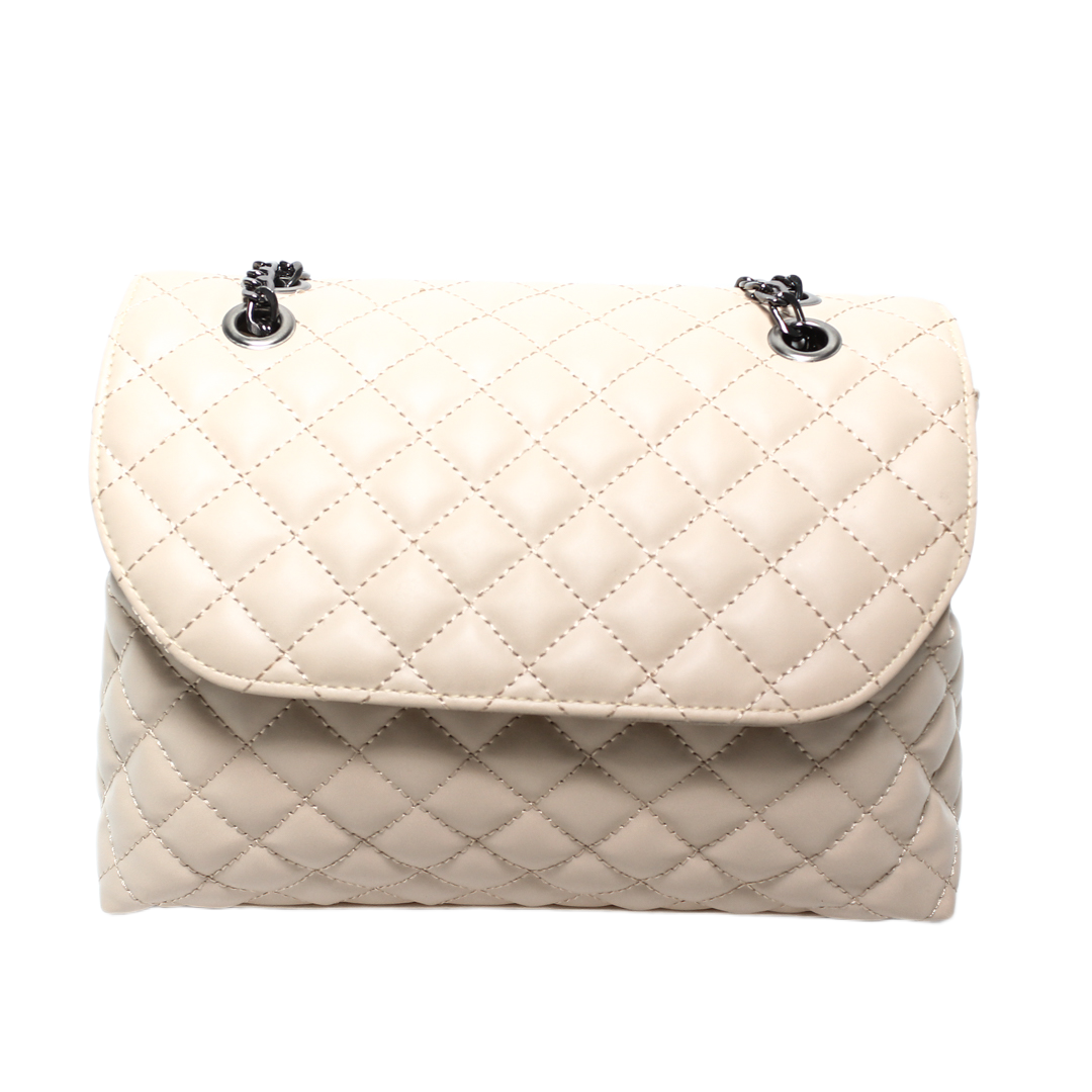Quilted Chain Cross Bag - Beige