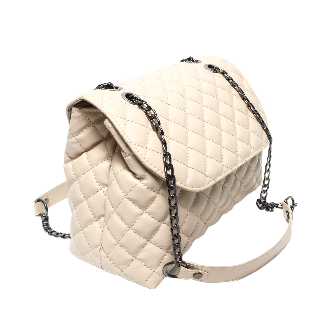 Quilted Chain Cross Bag - Beige