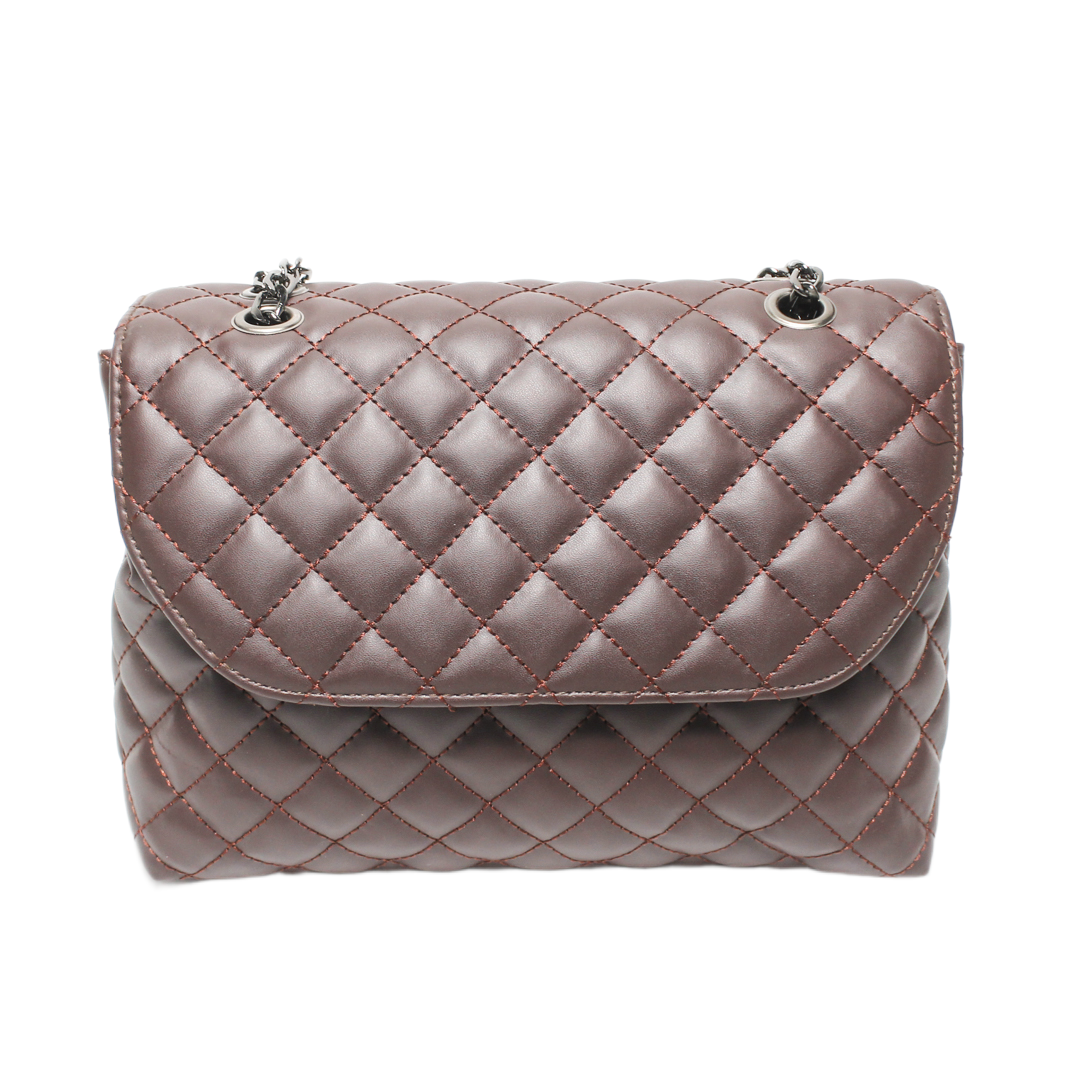 Quilted Chain Cross Bag - Brown