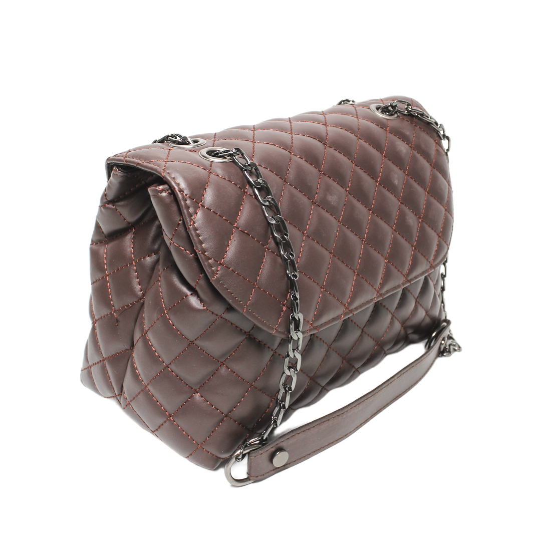 Quilted Chain Cross Bag - Brown