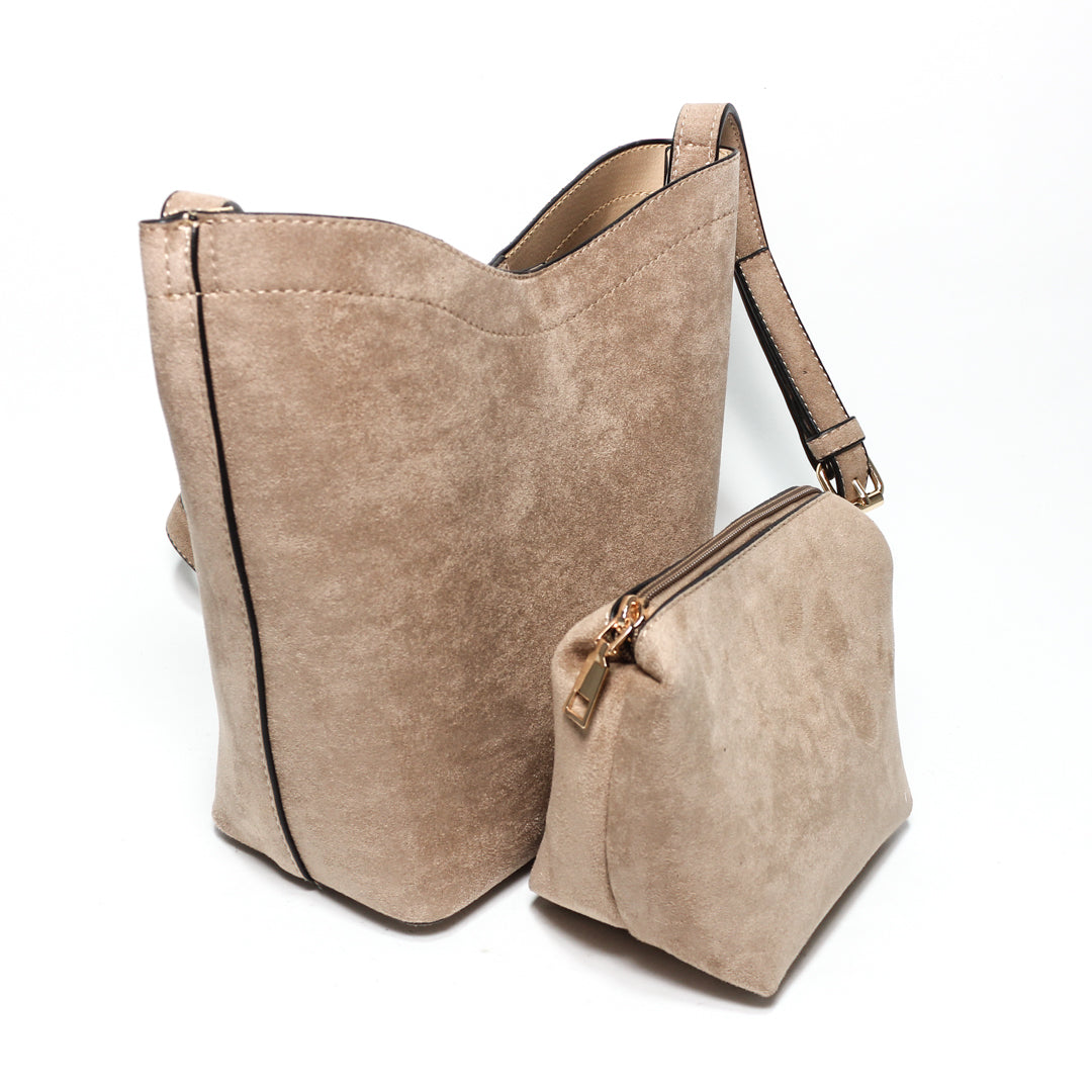 Suede Tote Bag Set - Taupe