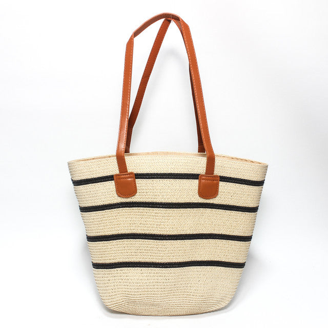 Striped Woven Beach Tote Bag - Beige