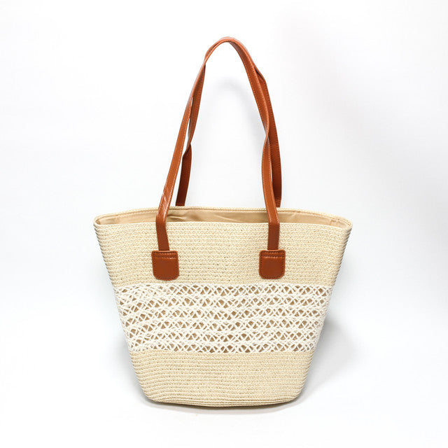 Lace Panel Woven Beach Tote Bag - Beige