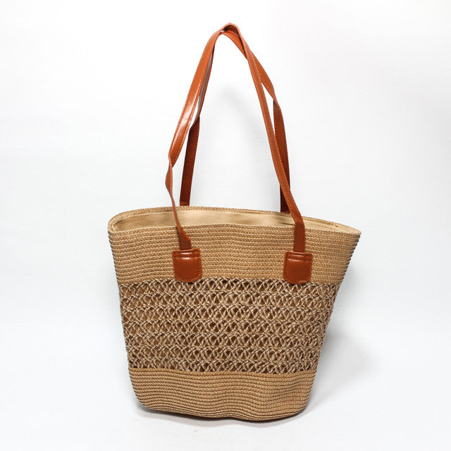 Two-Tone Woven Beach Tote Bag - Camel