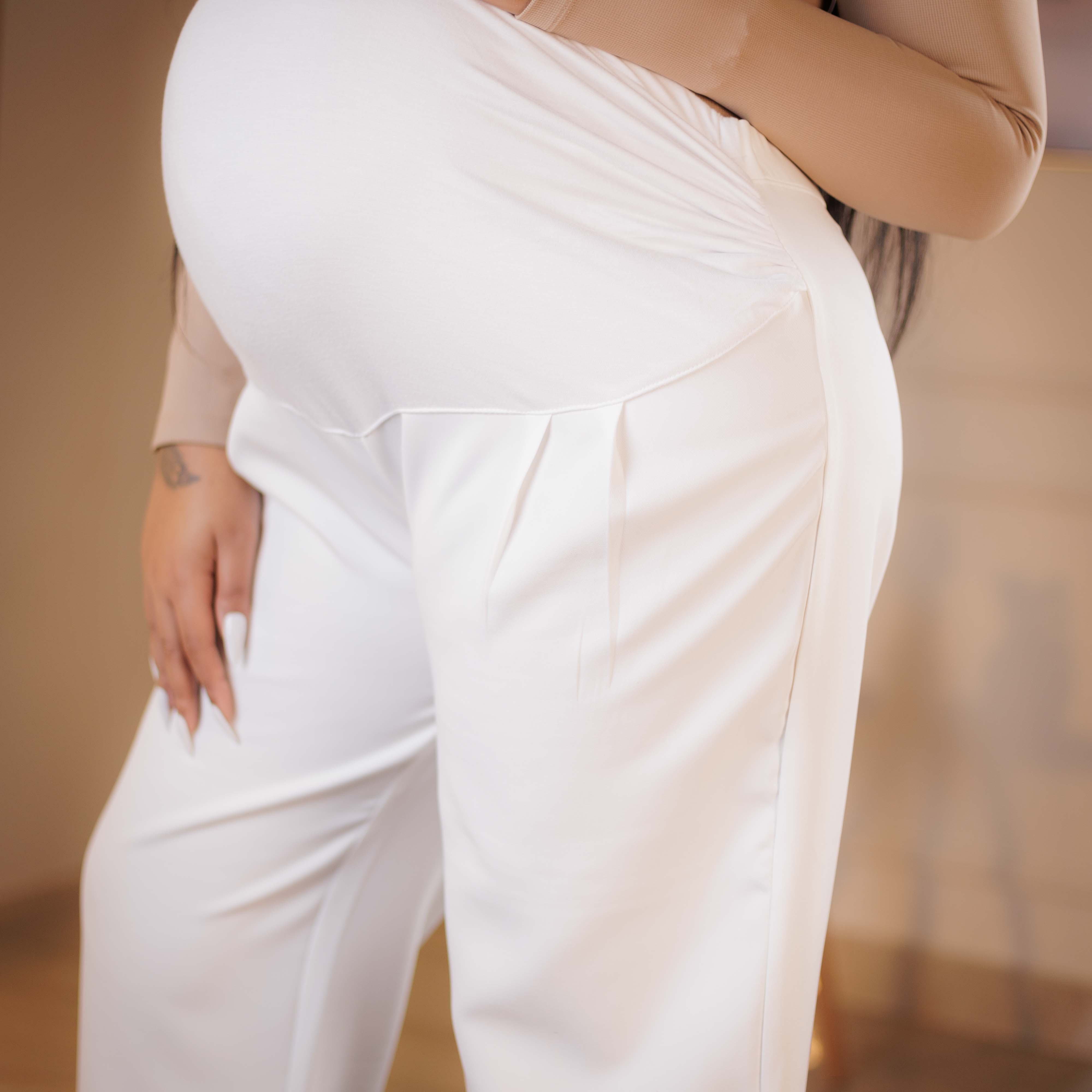 Pleated Wide Leg Maternity Pants - White