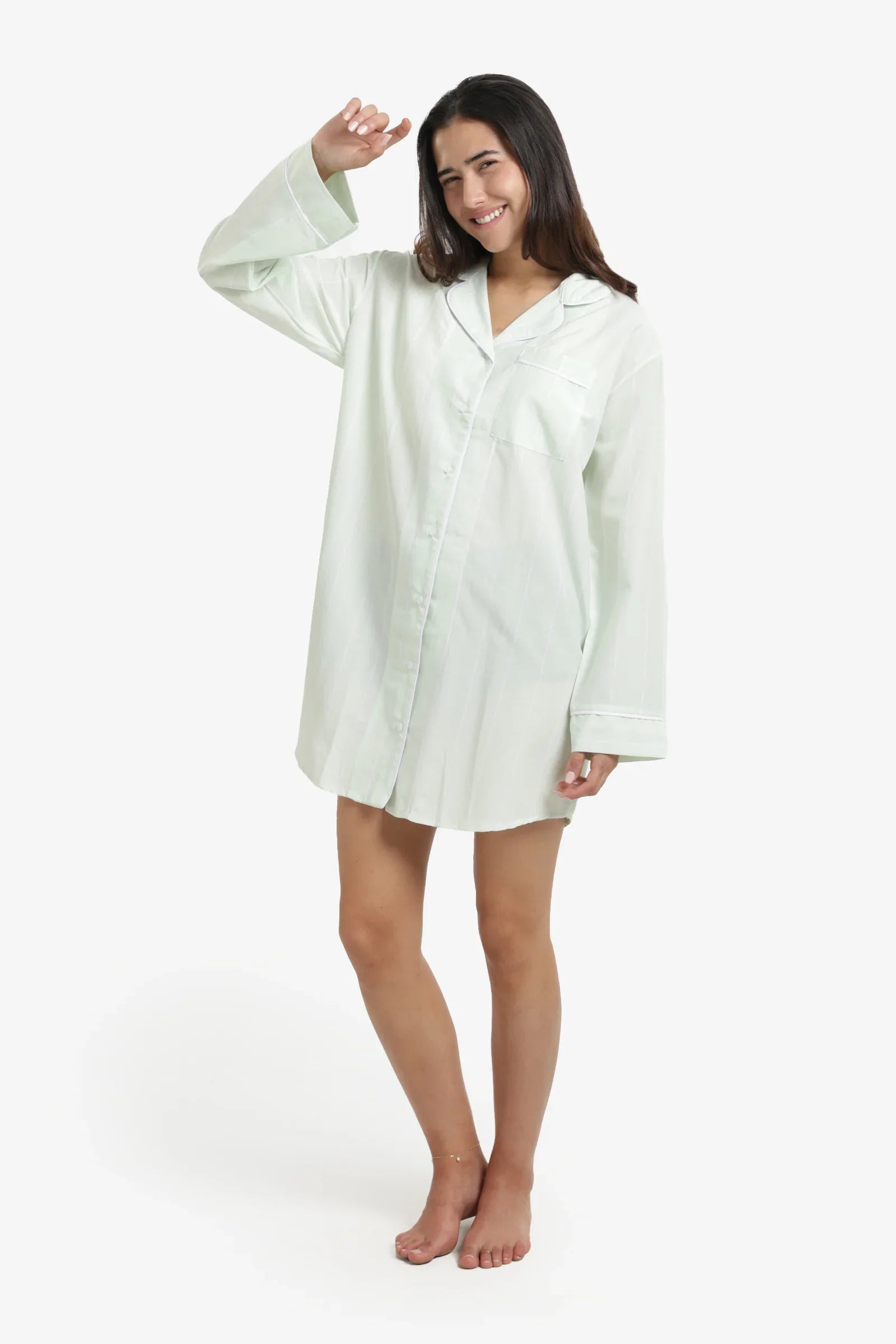 Striped Relaxed Button Nightgown – Light Mint