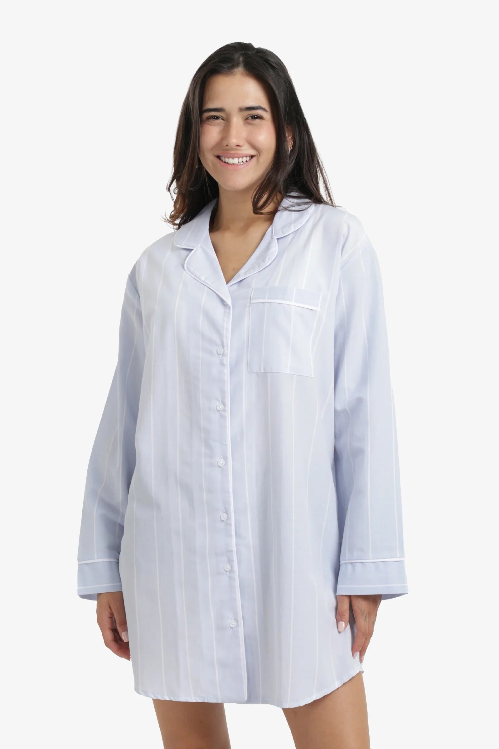 Striped Relaxed Button Nightgown – Light Blue