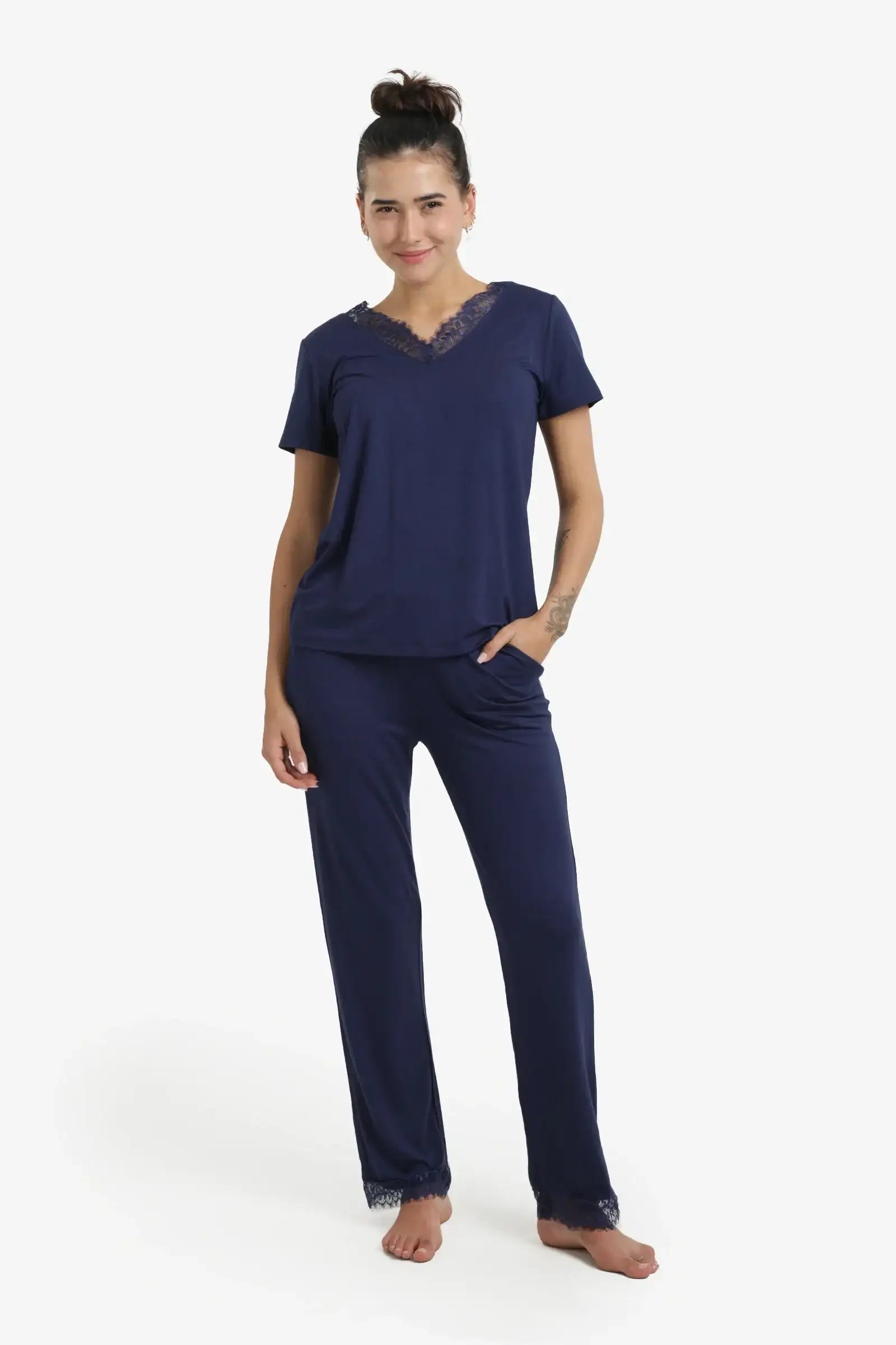 Solid Lace Trim Pajama Set – Navy