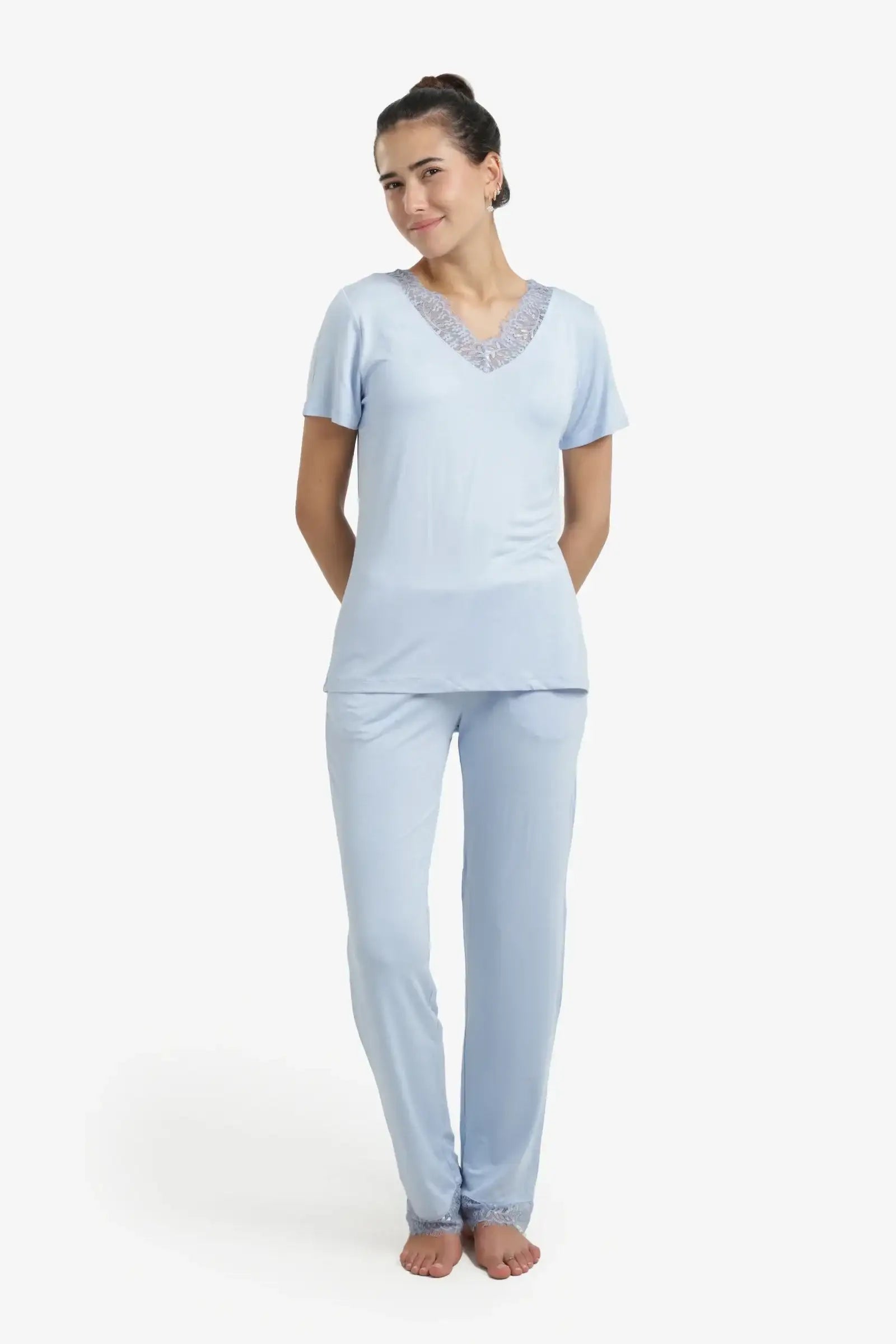 Solid Lace Trim Pajama Set – Light Blue