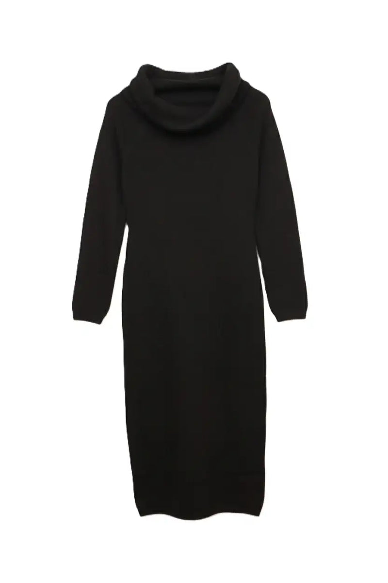 Polyester Plain Off-Shoulder Midi Dress – Black