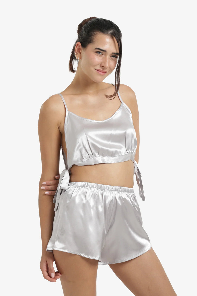 Satin Cropped Pajama Set - Silver