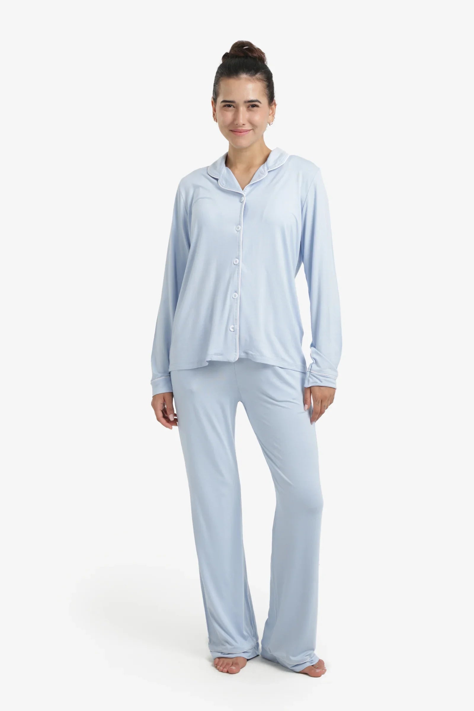 Solid Contrast Piping Pajama Set – Light Blue