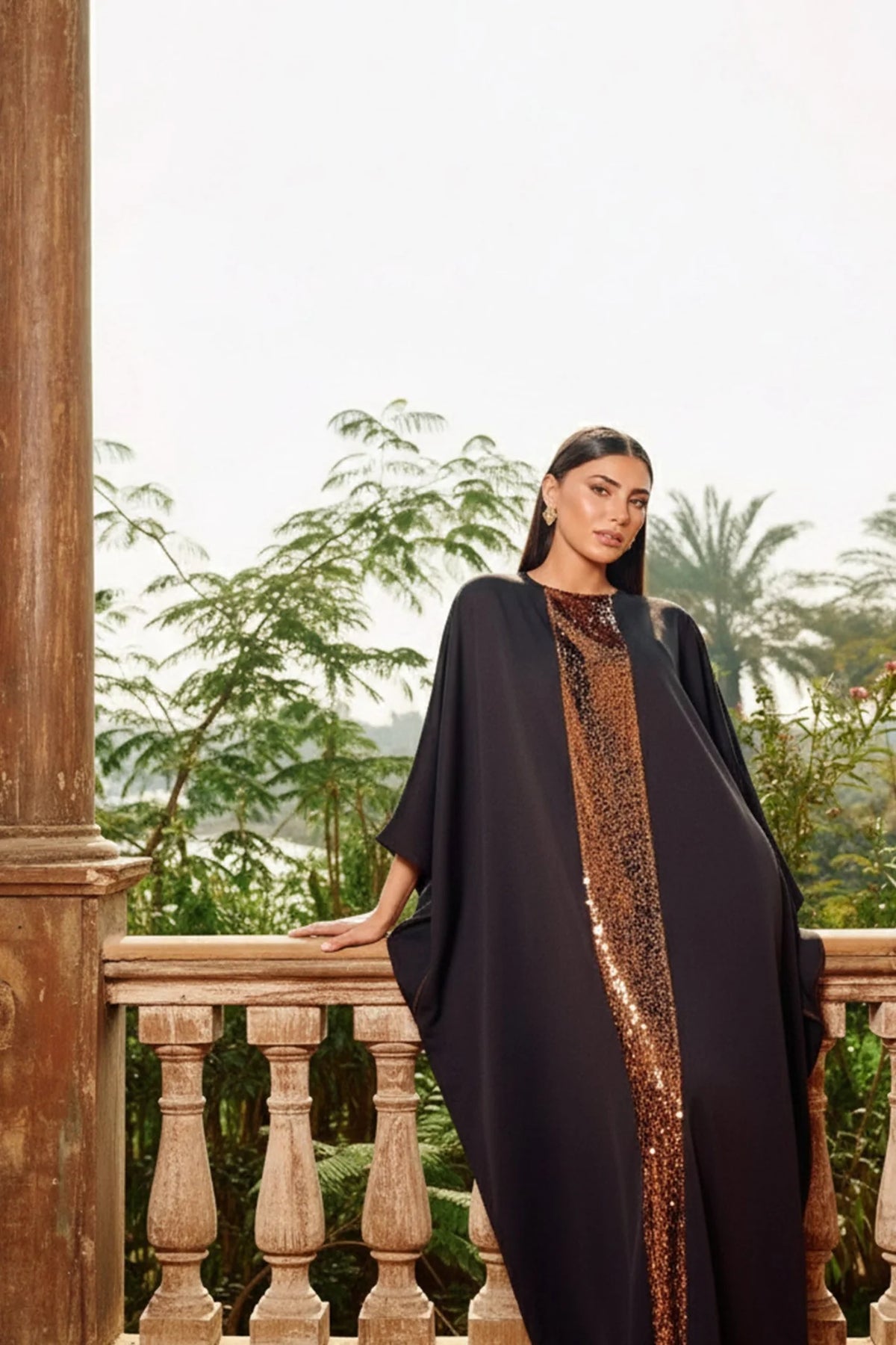 Shimmering Neckline Abaya - Dark Brown