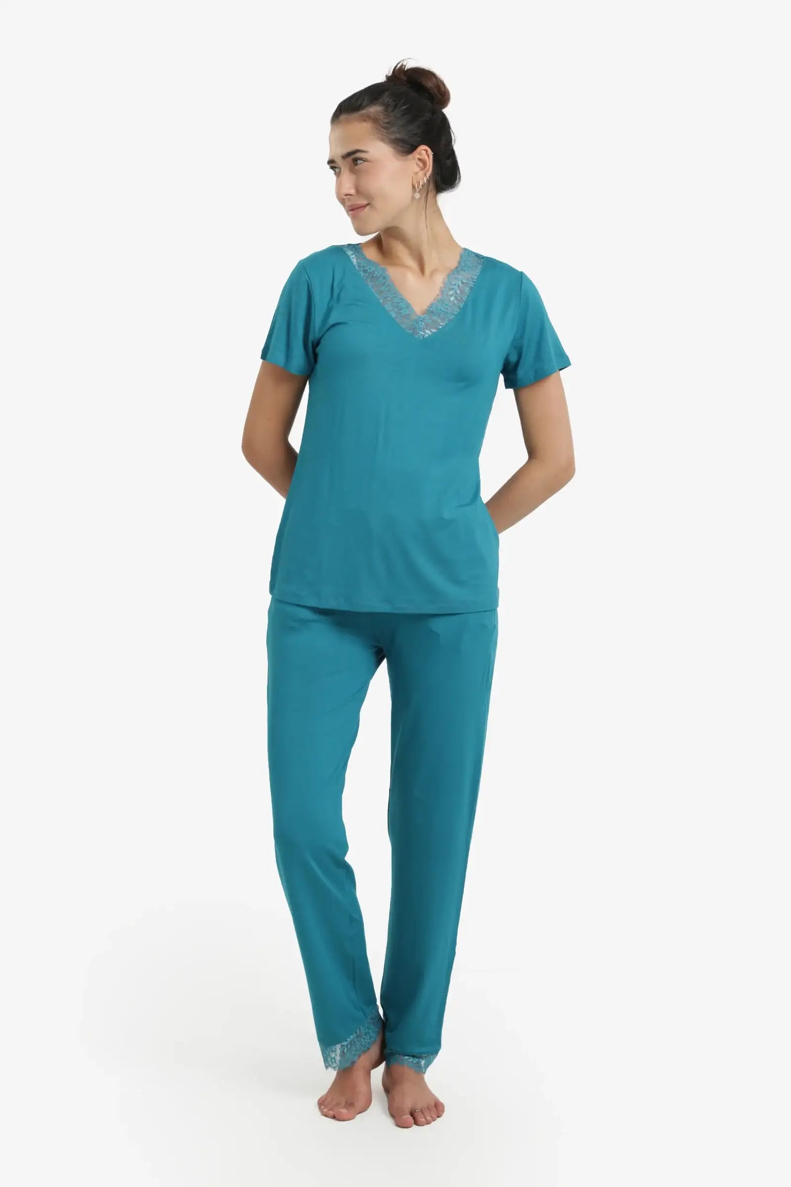 Solid Lace Trim Pajama Set – Blue Petroleum