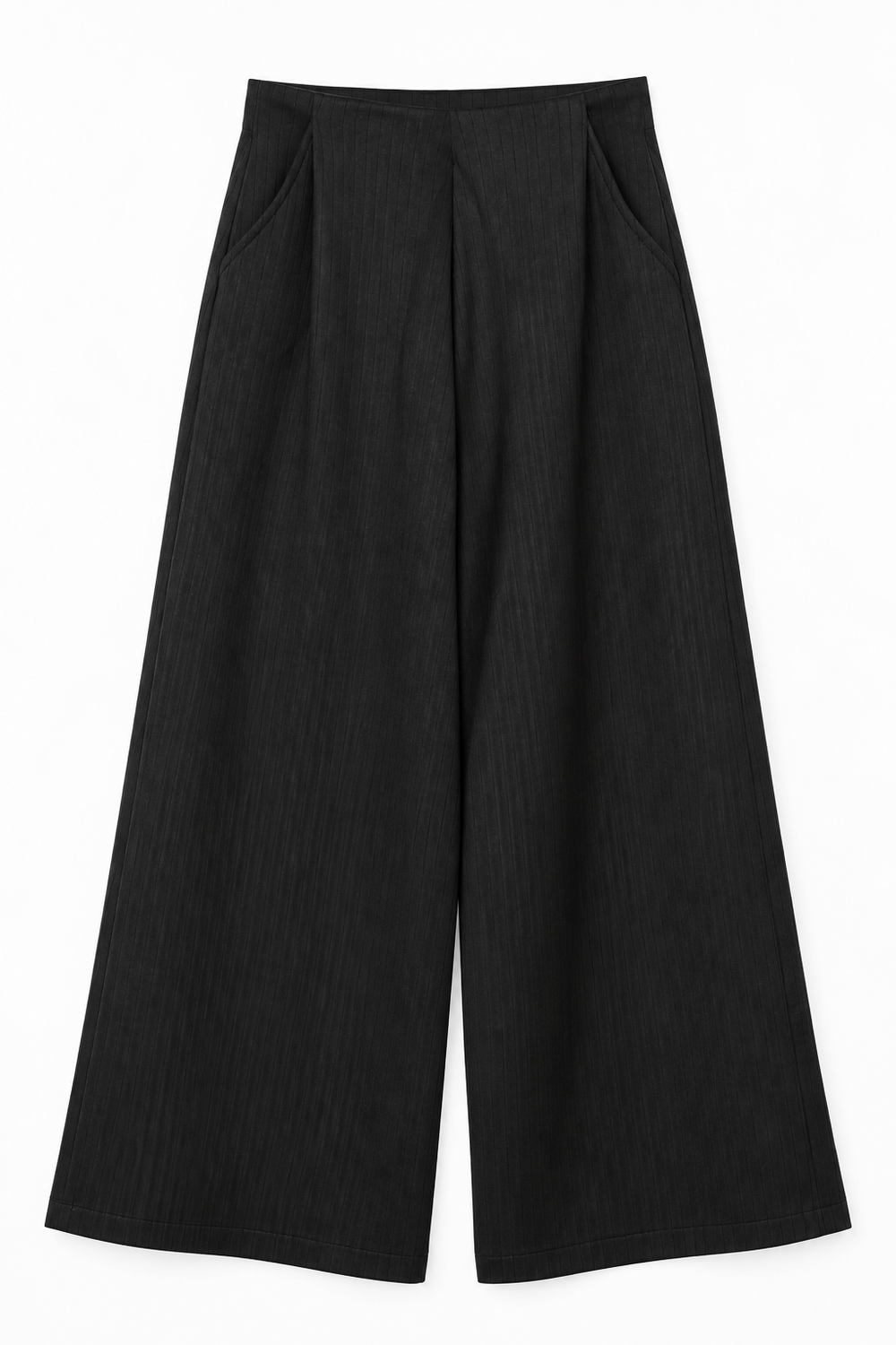 Pleated Ribbed Wide-Leg Pants – Black